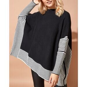P. Luca Milano Black & White Striped Draped Poncho Sweater Women's One Size